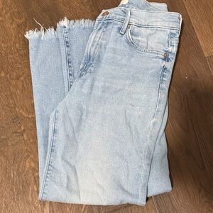 MOTHER Light Wash High-Rise Ankle Jeans with Frayed Hem